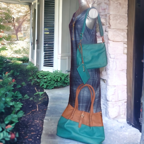 Black Rivet Handbags - BLACK RIVET | 3‐for-1 Bag! Teal & Brown Tote w/ Shoulder Bag & Wristlet | EUC ✨